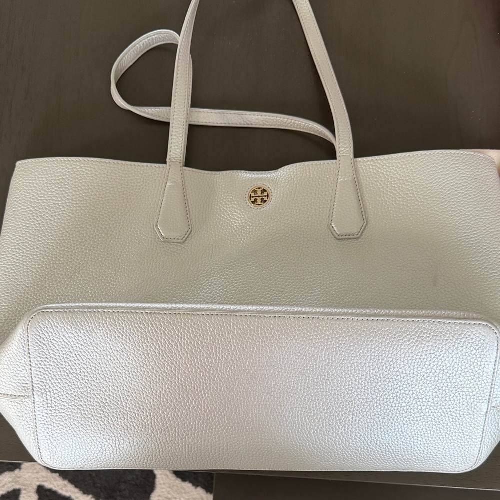 Silver Tory Burch Leather Tote Bag